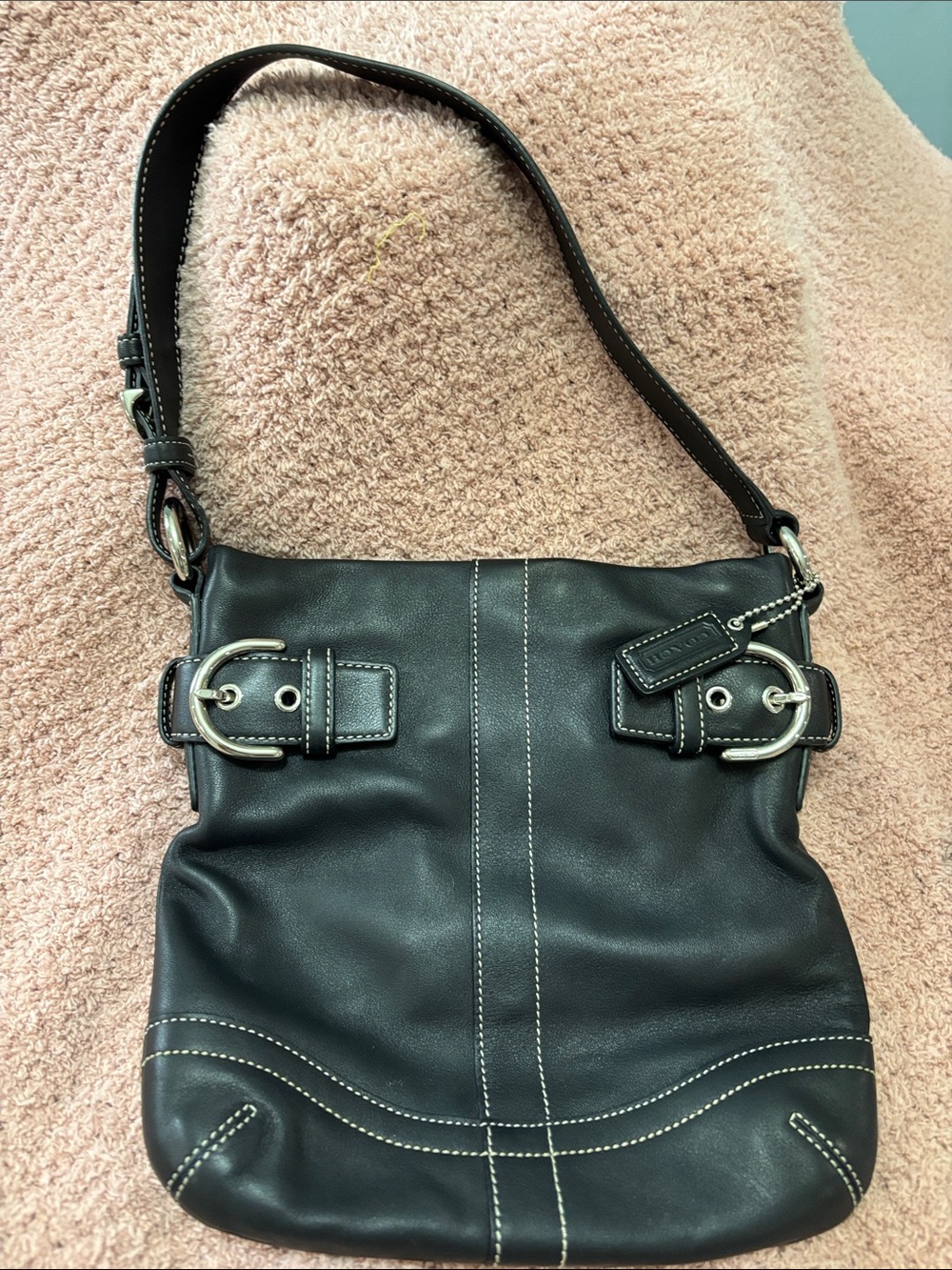 Coach Black Leather Shoulder Bag with Contrast Stitching